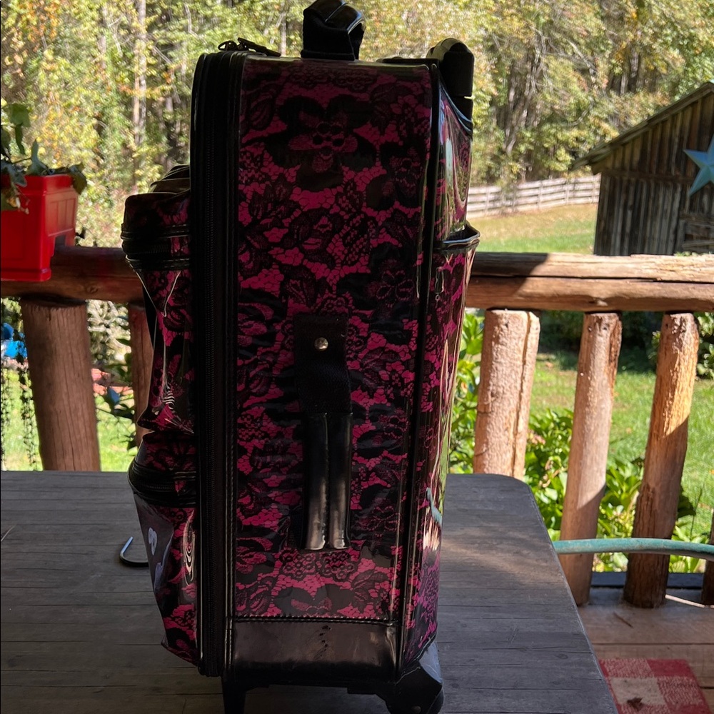 Betsey Johnson Betseyville Pink and Black patent leather Floral 20” suitcase. - Picture 4 of 11